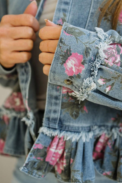 Floral Print Raw Seam Ruffle Hem Denim Jacket