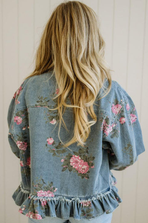 Floral Print Raw Seam Ruffle Hem Denim Jacket