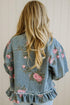 Floral Print Raw Seam Ruffle Hem Denim Jacket