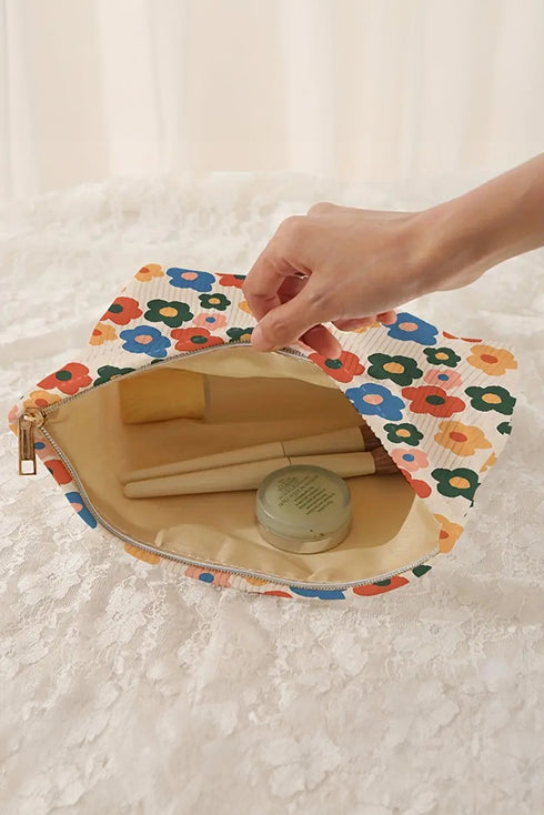 Floral Print Ribbed Texture Zippered Cosmetic Bag