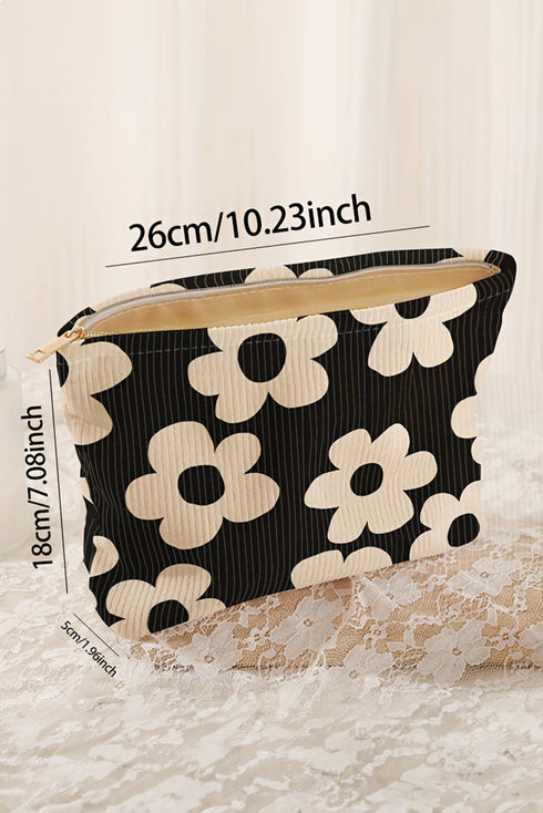 Floral Print Ribbed Texture Zippered Cosmetic Bag