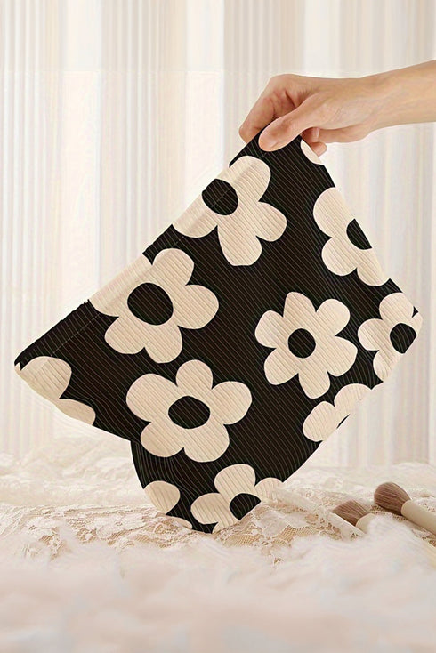 Floral Print Ribbed Texture Zippered Cosmetic Bag