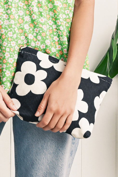 Floral Print Ribbed Texture Zippered Cosmetic Bag