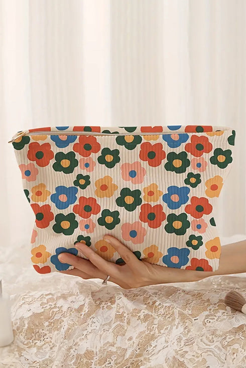 Floral Print Ribbed Texture Zippered Cosmetic Bag