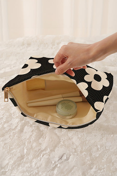 Floral Print Ribbed Texture Zippered Cosmetic Bag