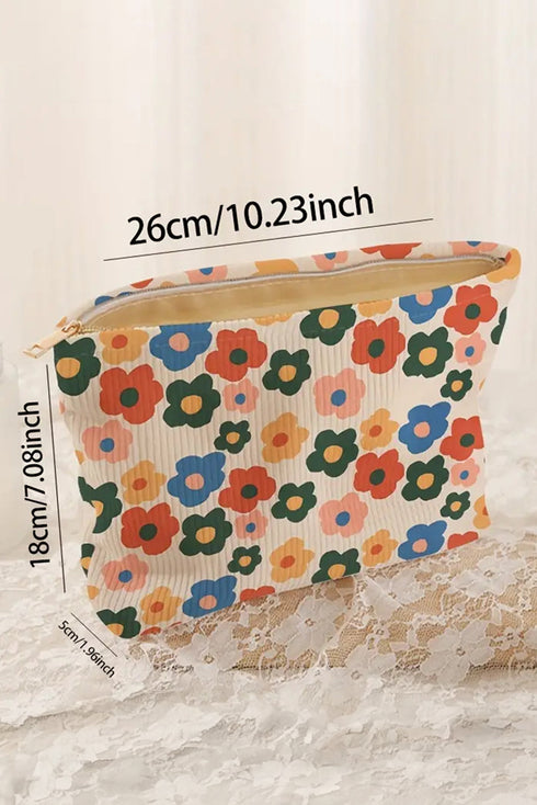 Floral Print Ribbed Texture Zippered Cosmetic Bag