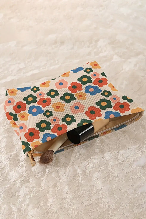 Floral Print Ribbed Texture Zippered Cosmetic Bag