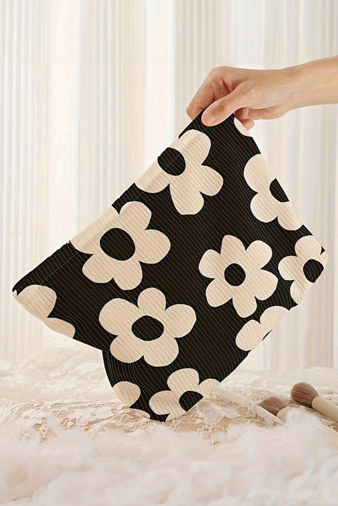 Floral Print Ribbed Texture Zippered Cosmetic Bag