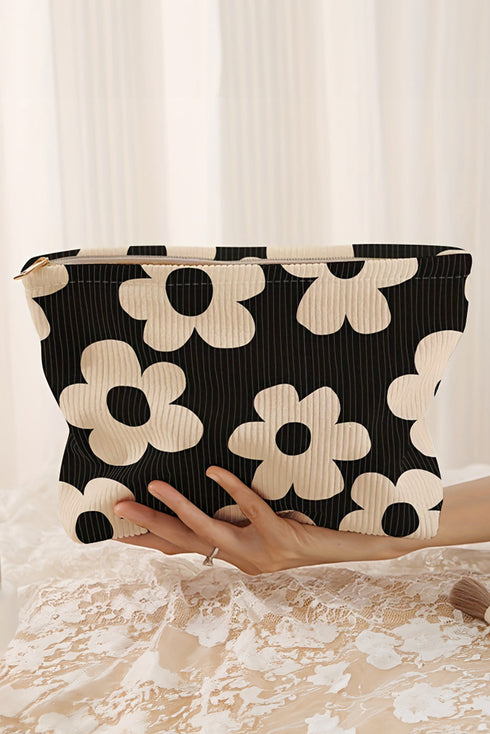 Floral Print Ribbed Texture Zippered Cosmetic Bag