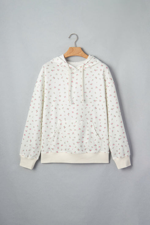 Floral Print Ribbed Trim Drawstring Hem Long Sleeve Hoodie