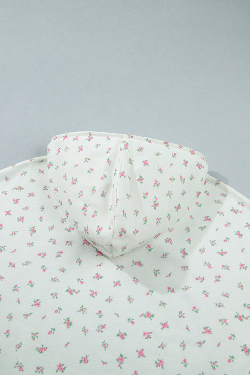 Floral Print Ribbed Trim Drawstring Hem Long Sleeve Hoodie