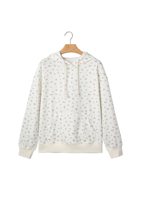 Floral Print Ribbed Trim Drawstring Hem Long Sleeve Hoodie