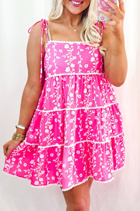 Floral Print Ric Rac Patched Sleeveless Mini Dress