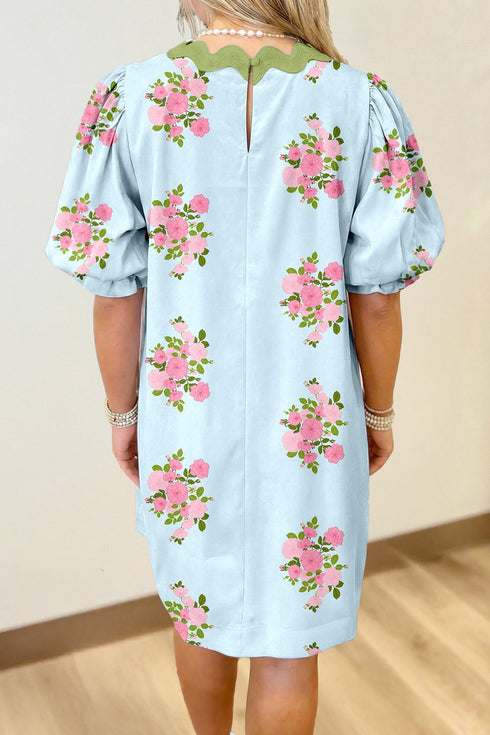 Floral Print Rick Rack Bubble Sleeve A-Line Dress