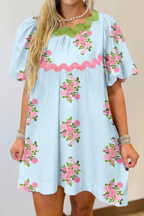Floral Print Rick Rack Bubble Sleeve A-Line Dress