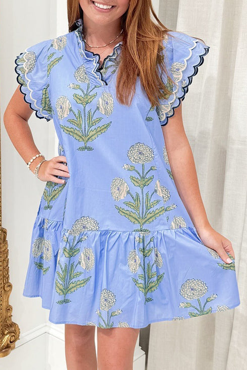 Floral Print Rick Rack Embroidery Drop Waist Mini Dress