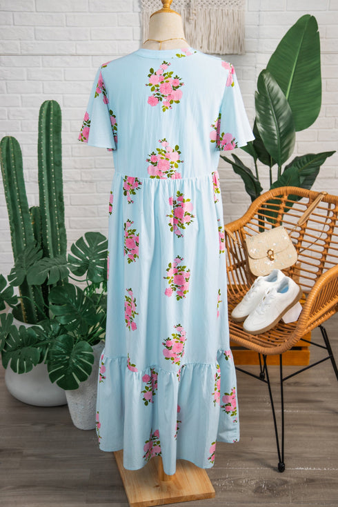 Floral Print Rick Rack Flutter Sleeve Maxi Dress