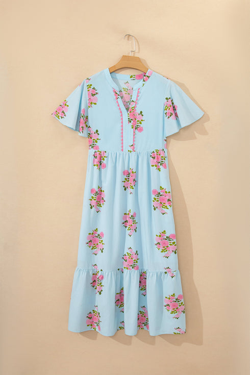 Floral Print Rick Rack Flutter Sleeve Maxi Dress