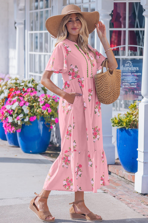 Floral Print Rick Rack Flutter Sleeve Maxi Dress