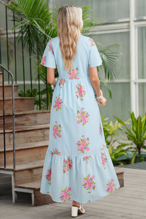 Floral Print Rick Rack Flutter Sleeve Maxi Dress