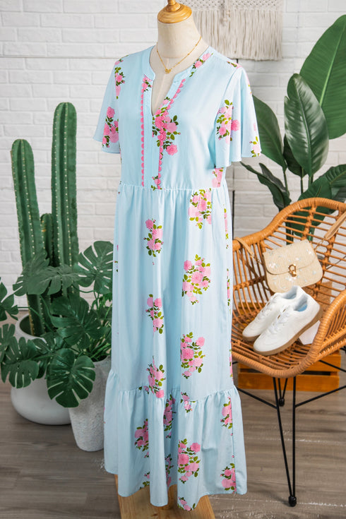 Floral Print Rick Rack Flutter Sleeve Maxi Dress