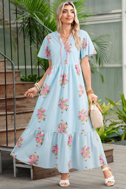 Floral Print Rick Rack Flutter Sleeve Maxi Dress