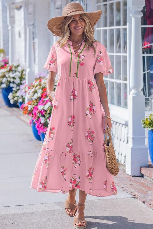 Floral Print Rick Rack Flutter Sleeve Maxi Dress