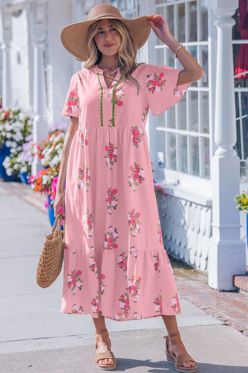 Floral Print Rick Rack Flutter Sleeve Maxi Dress