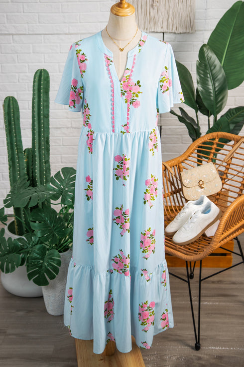 Floral Print Rick Rack Flutter Sleeve Maxi Dress