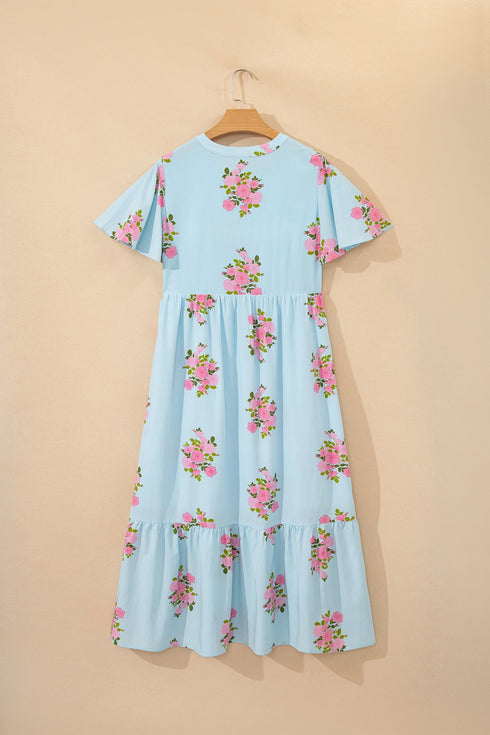 Floral Print Rick Rack Flutter Sleeve Maxi Dress