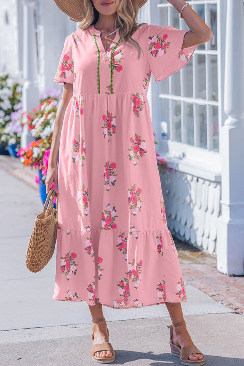 Floral Print Rick Rack Flutter Sleeve Maxi Dress