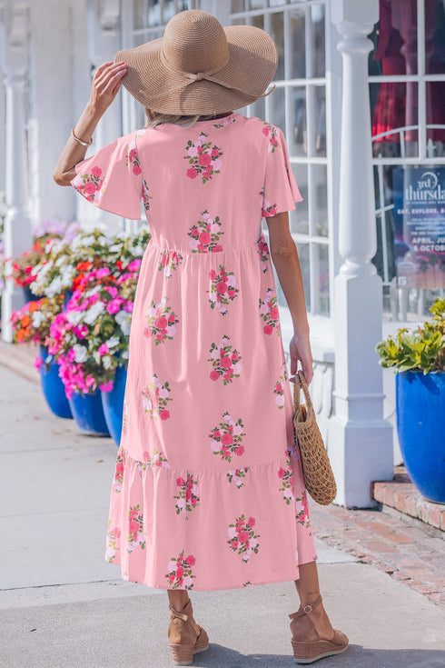 Floral Print Rick Rack Flutter Sleeve Maxi Dress