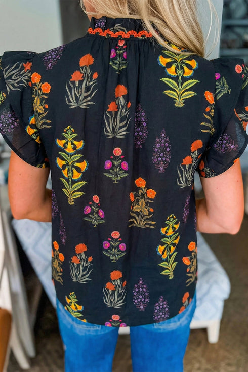 Floral Print Rick Rack Frilled V Neck Short Sleeve Blouse