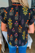 Floral Print Rick Rack Frilled V Neck Short Sleeve Blouse