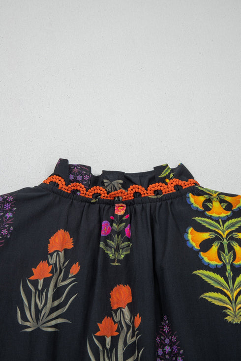 Floral Print Rick Rack Frilled V Neck Short Sleeve Blouse