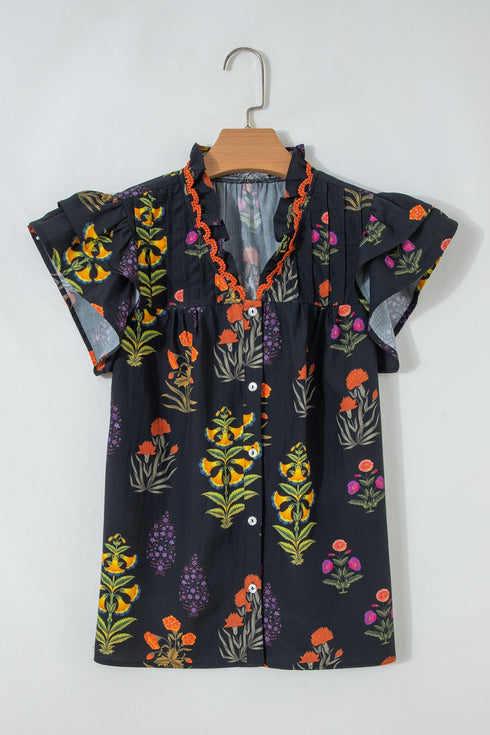 Floral Print Rick Rack Frilled V Neck Short Sleeve Blouse