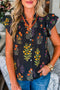 Floral Print Rick Rack Frilled V Neck Short Sleeve Blouse
