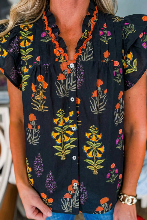 Floral Print Rick Rack Frilled V Neck Short Sleeve Blouse