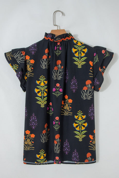Floral Print Rick Rack Frilled V Neck Short Sleeve Blouse