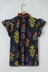 Floral Print Rick Rack Frilled V Neck Short Sleeve Blouse