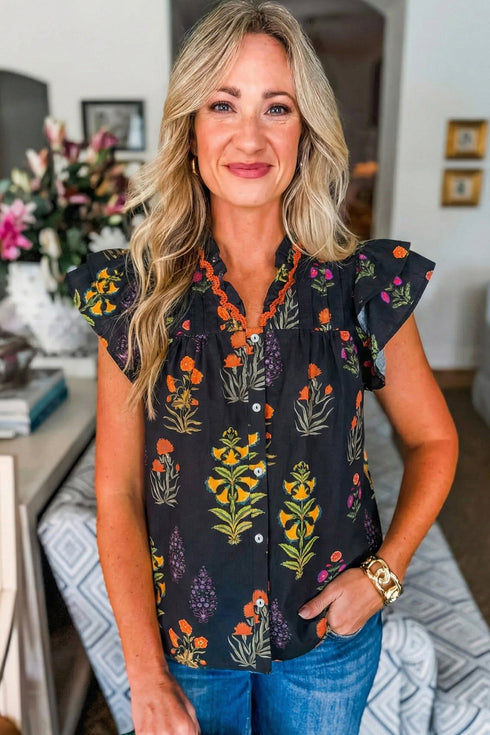 Floral Print Rick Rack Frilled V Neck Short Sleeve Blouse