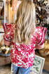 Floral Print Rick Rack Lace Trim Ruffle Sleeve Blouse
