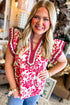 Floral Print Rick Rack Lace Trim Ruffle Sleeve Blouse