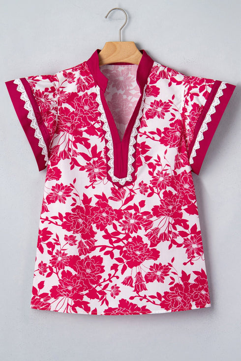Floral Print Rick Rack Lace Trim Ruffle Sleeve Blouse