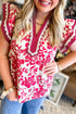 Floral Print Rick Rack Lace Trim Ruffle Sleeve Blouse