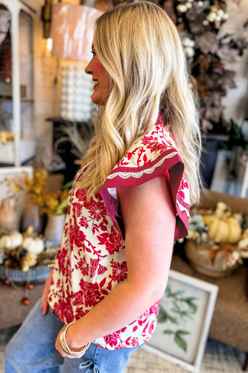 Floral Print Rick Rack Lace Trim Ruffle Sleeve Blouse
