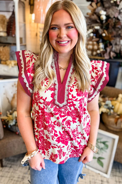 Floral Print Rick Rack Lace Trim Ruffle Sleeve Blouse