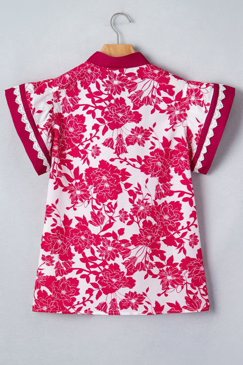 Floral Print Rick Rack Lace Trim Ruffle Sleeve Blouse