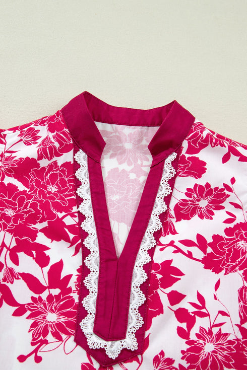 Floral Print Rick Rack Lace Trim Ruffle Sleeve Blouse