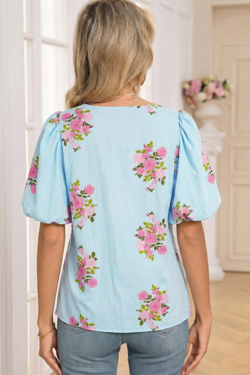 Floral Print Rick Rack Trim Bubble Sleeve Blouse